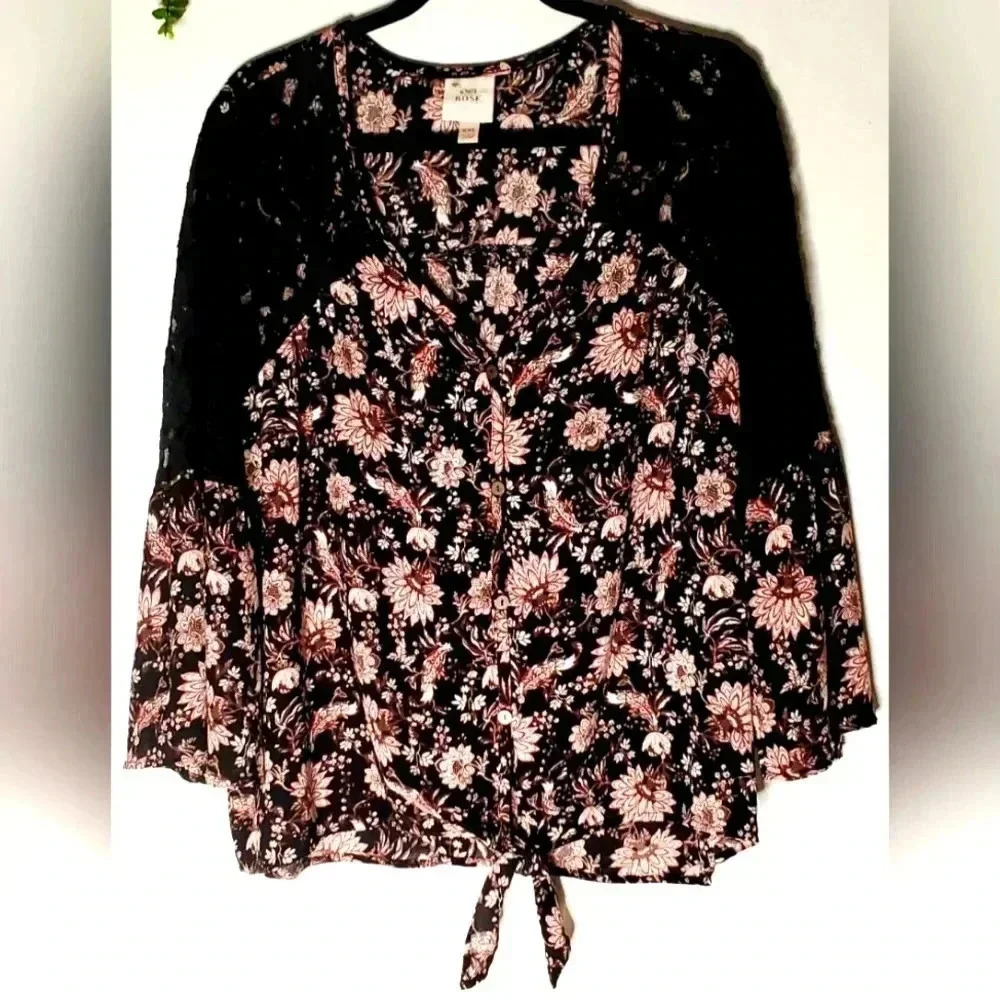 Knox Rose Paisley Boho Flared Floral Lace Open Front Knot Blouse Sz 2XL